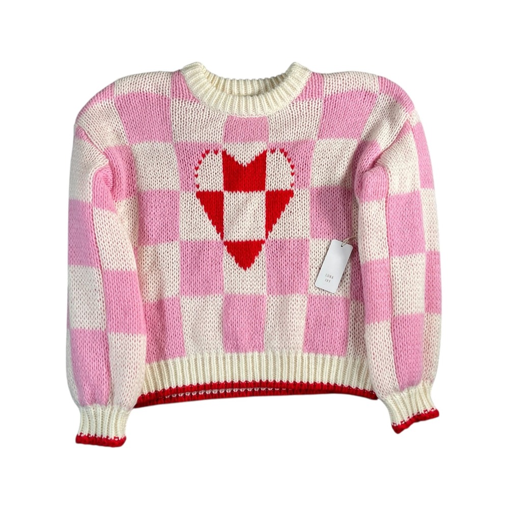 Luna Ivy NWT Women's Pink/White Checkered Long Sleeve Heart Sweater Size Medium
